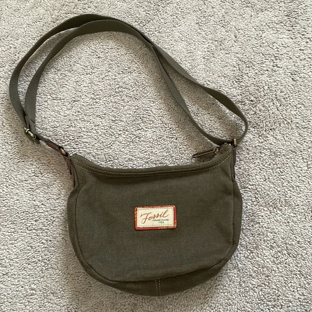 Fossil Olive Green Canvas Satchel with Brown Trim